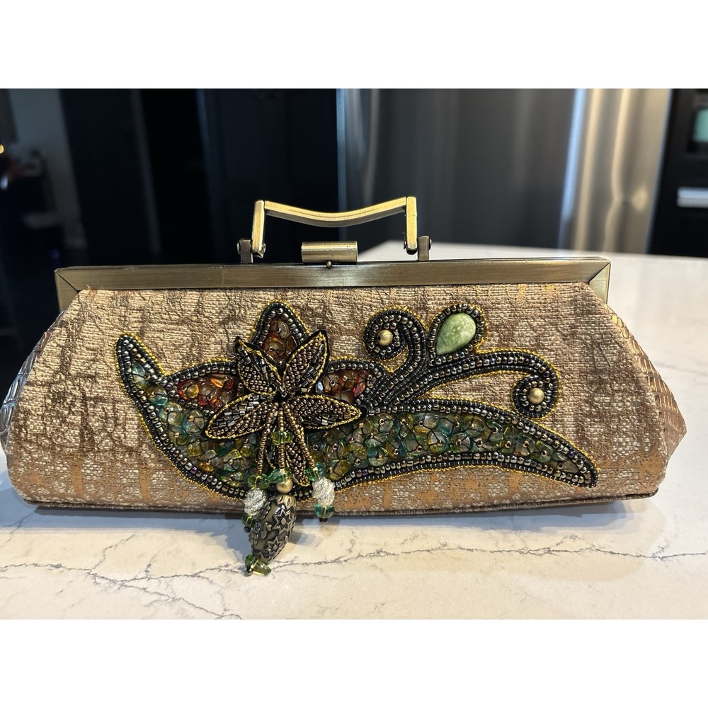 Small Beaded Clutch Evening Bag Formal Light Brown Satin